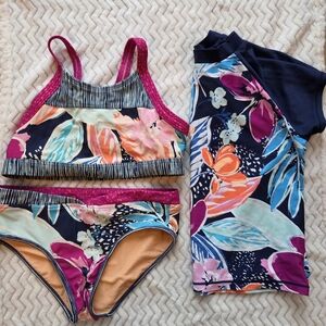 Athleta Girl Paradise Splash Swim Bikini Set With Top, Bottom, Rash Guard L/12